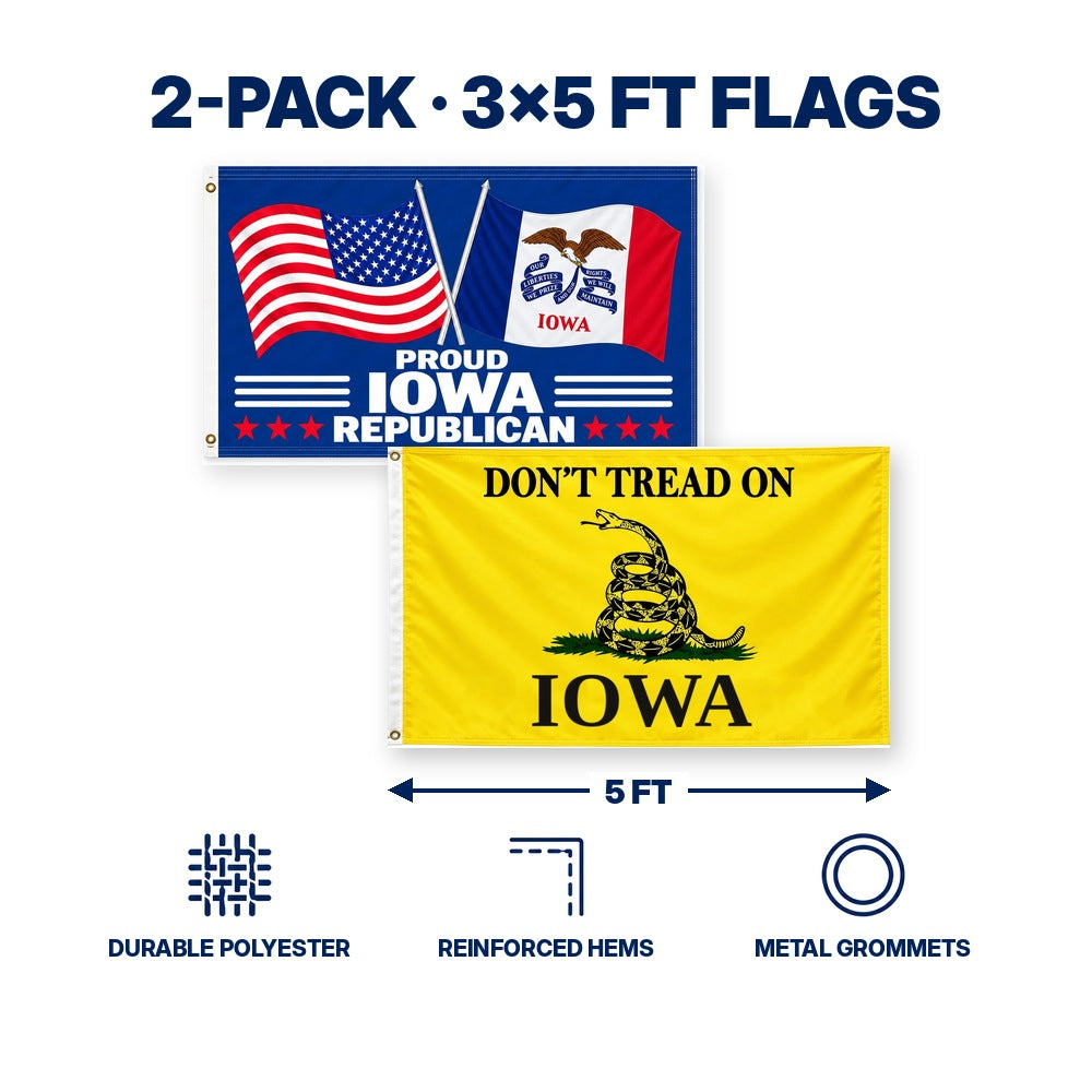 Proud Iowa Republican and Don't Tread on Iowa Flags 3x5 2-Pack features and size details