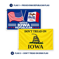 Proud Iowa Republican and Don't Tread on Iowa Flags 3x5 2-Pack features and size details