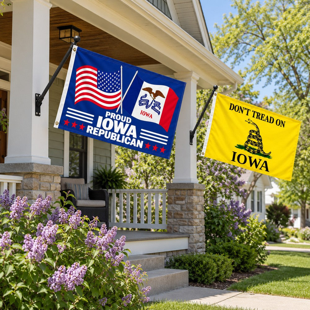 Proud Iowa Republican and Don't Tread on Iowa Flags 3x5 2-Pack displayed outdoors