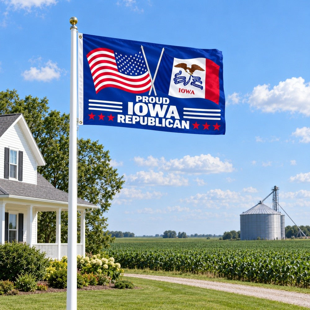 Proud Iowa Republican Flag 3x5 displayed outdoors
