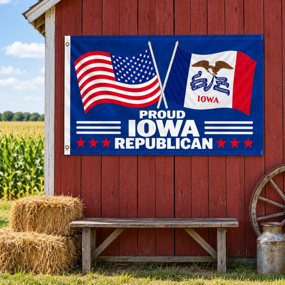 Proud Iowa Republican Flag 3x5 displayed outdoors