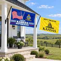 Proud Kansas Republican and Don't Tread on Kansas Flags 3x5 2-Pack displayed outdoors