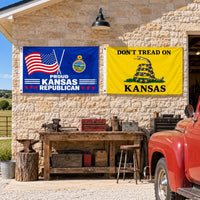 Proud Kansas Republican and Don't Tread on Kansas Flags 3x5 2-Pack displayed outdoors
