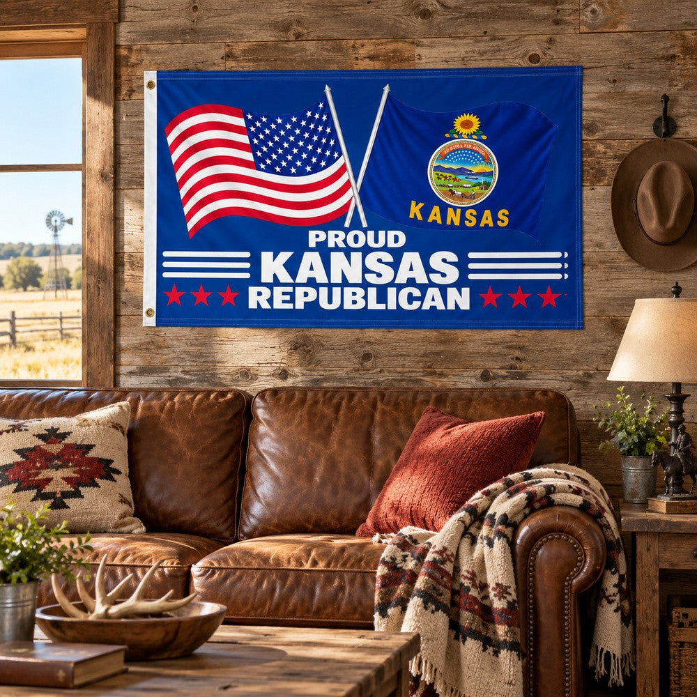 Proud Kansas Republican Flag 3x5 displayed outdoors