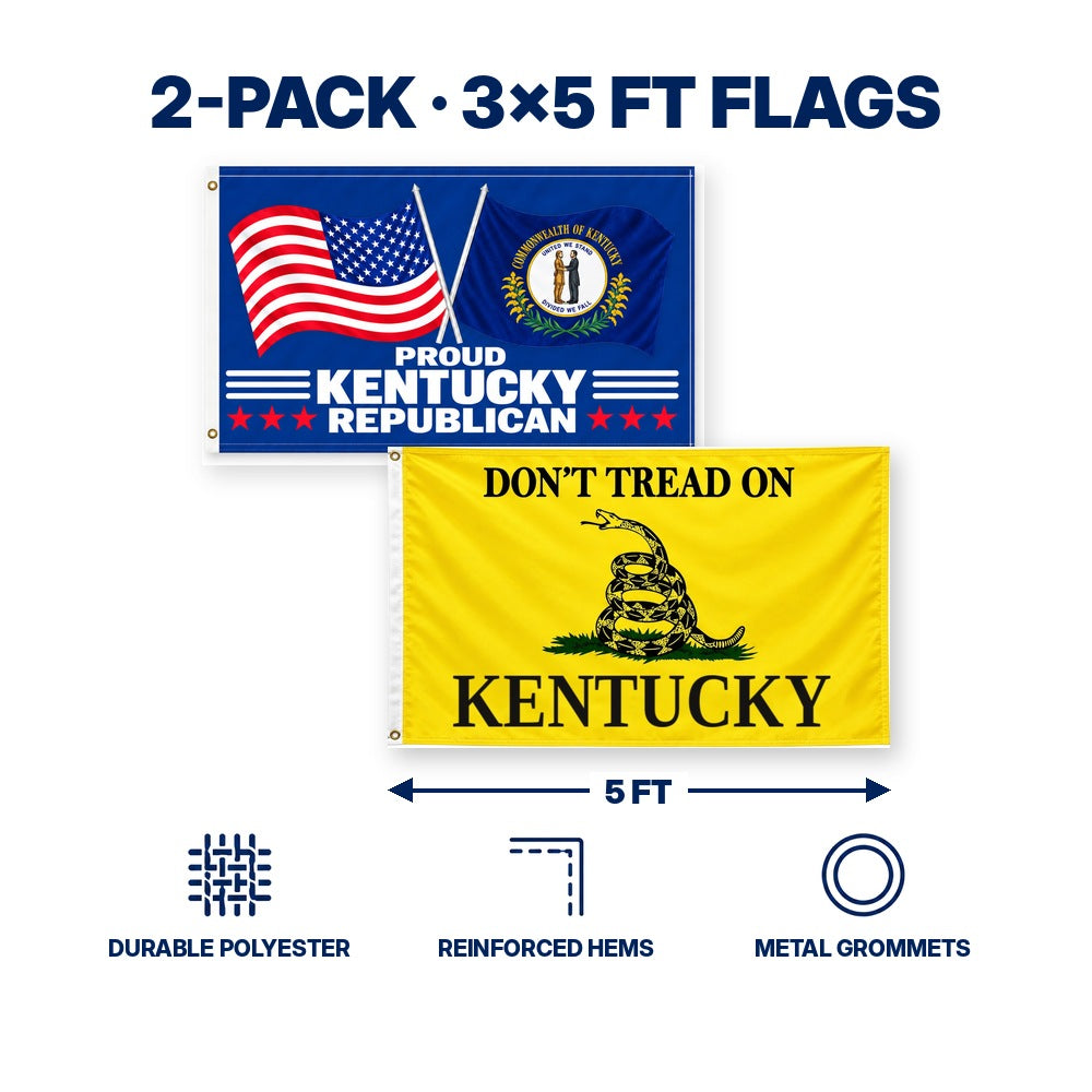 Proud Kentucky Republican and Don't Tread on Kentucky Flags 3x5 2-Pack features and size details