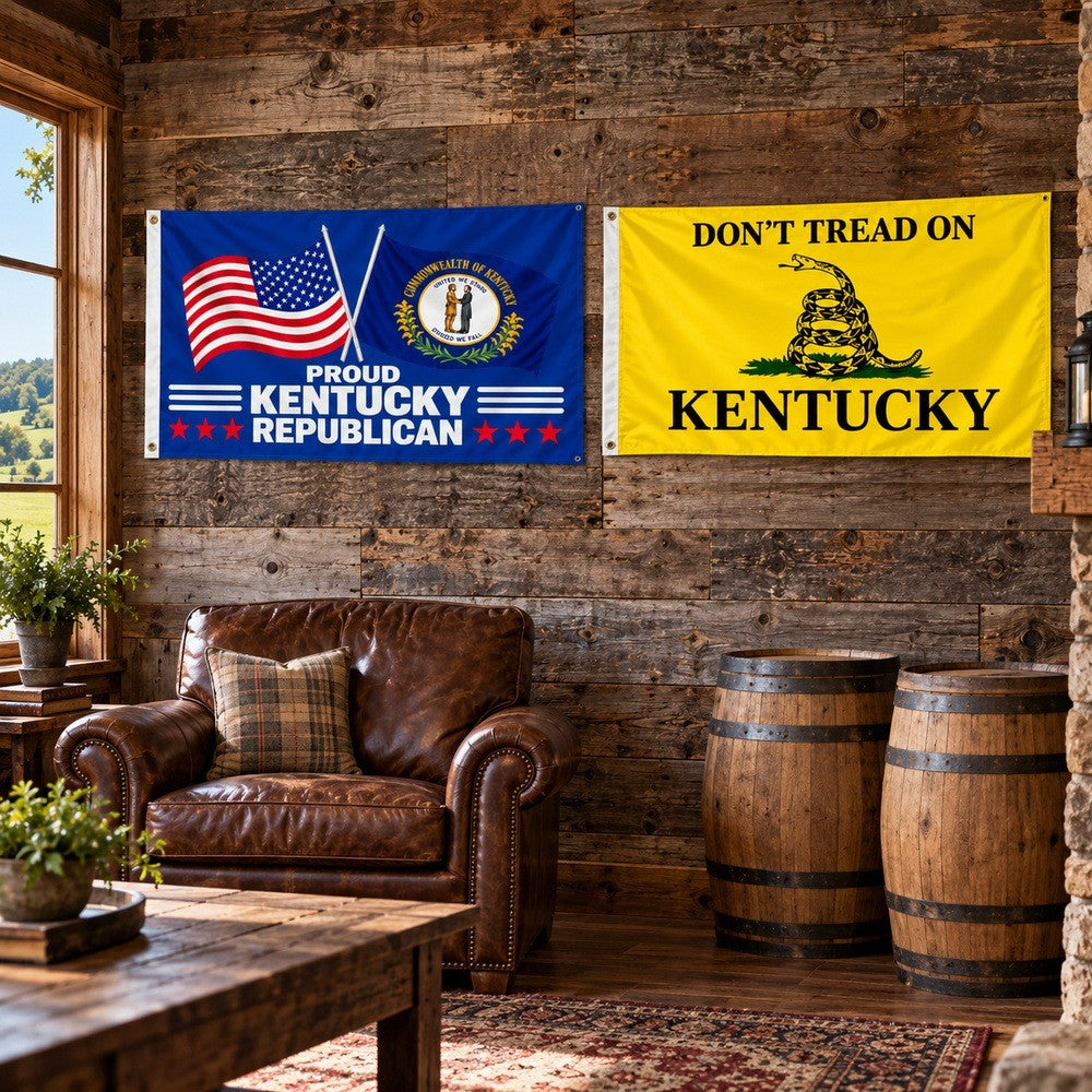 Proud Kentucky Republican and Don't Tread on Kentucky Flags 3x5 2-Pack displayed outdoors
