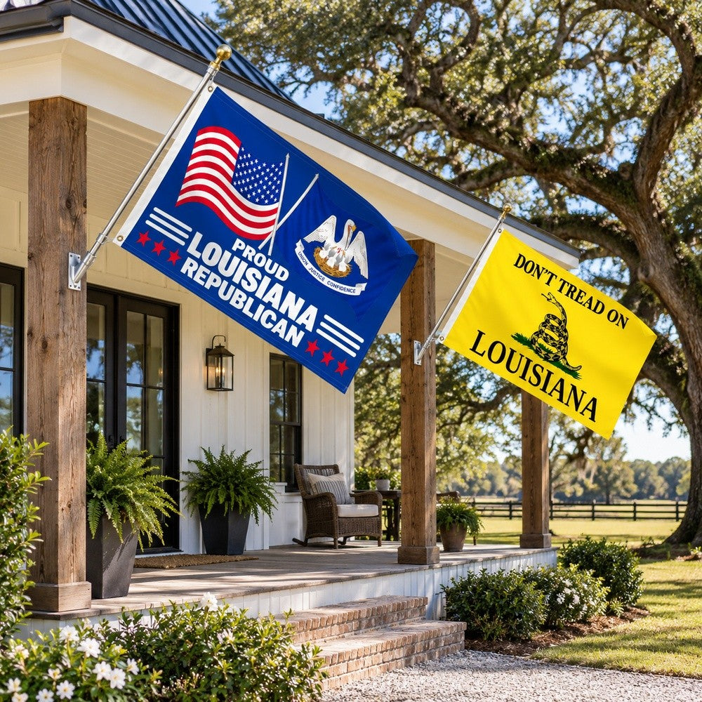 Proud Louisiana Republican and Don't Tread on Louisiana Flags 3x5 2-Pack displayed outdoors