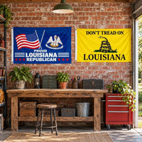 Proud Louisiana Republican and Don't Tread on Louisiana Flags 3x5 2-Pack displayed outdoors