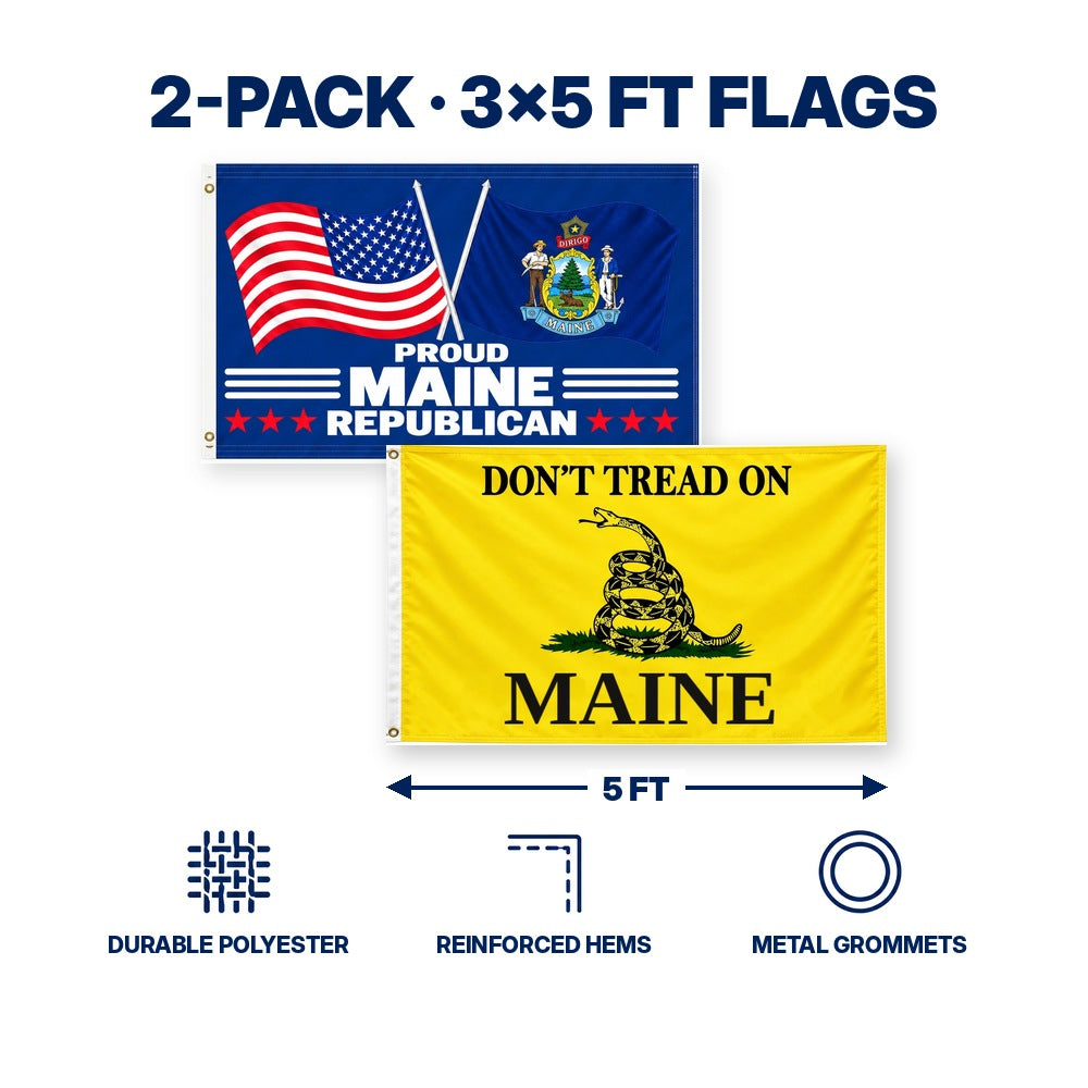 Proud Maine Republican and Don't Tread on Maine Flags 3x5 2-Pack features and size details
