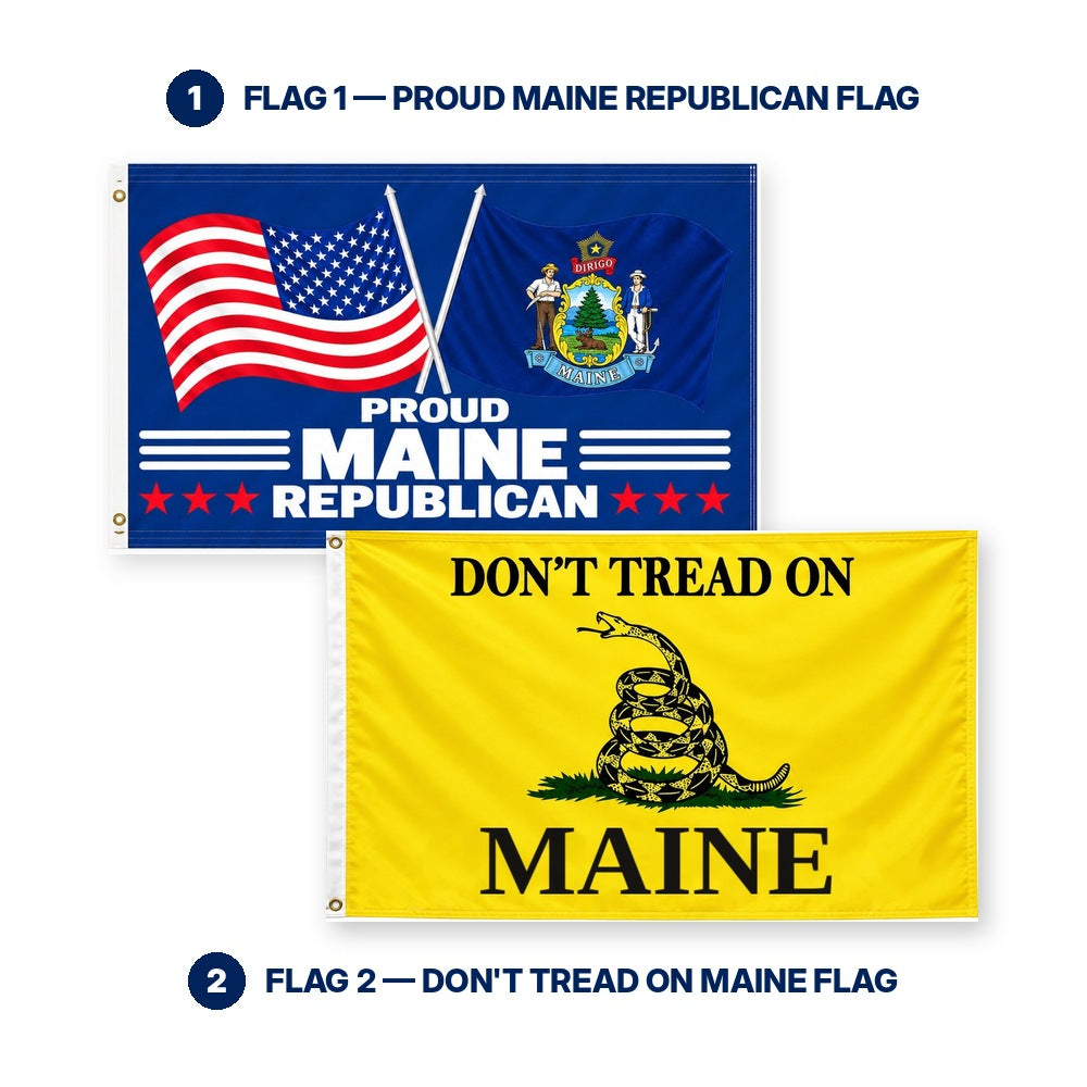 Proud Maine Republican and Don't Tread on Maine Flags 3x5 2-Pack features and size details