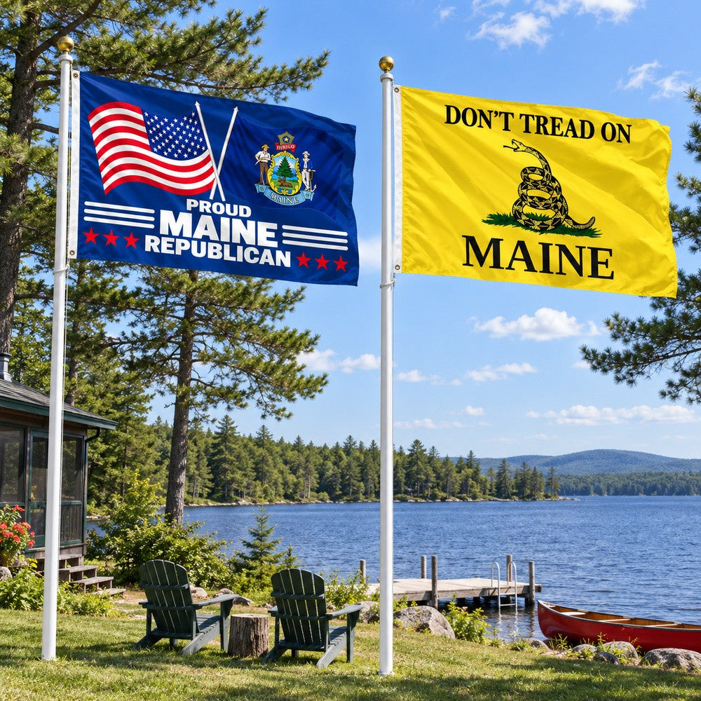 Proud Maine Republican and Don't Tread on Maine Flags 3x5 2-Pack displayed outdoors