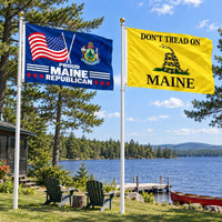 Proud Maine Republican and Don't Tread on Maine Flags 3x5 2-Pack displayed outdoors