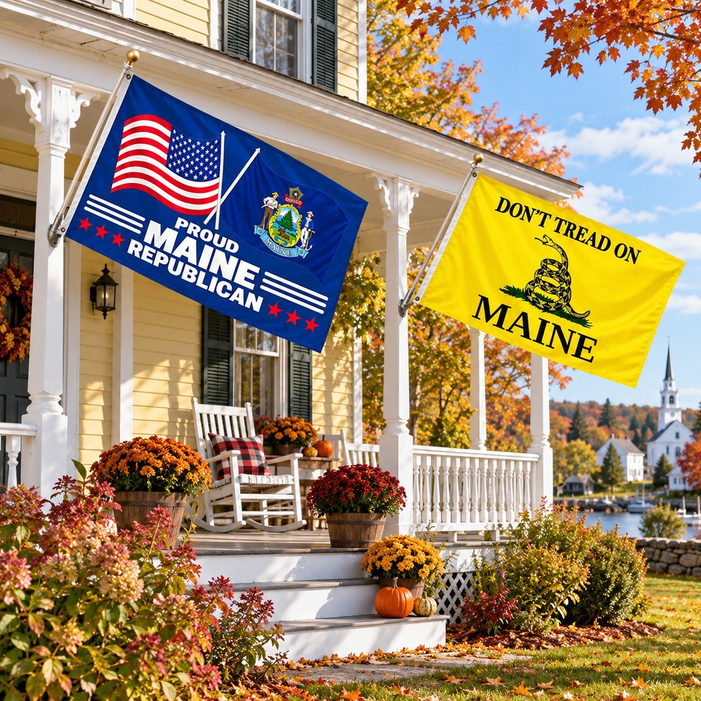 Proud Maine Republican and Don't Tread on Maine Flags 3x5 2-Pack displayed outdoors