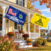 Proud Maine Republican and Don't Tread on Maine Flags 3x5 2-Pack displayed outdoors