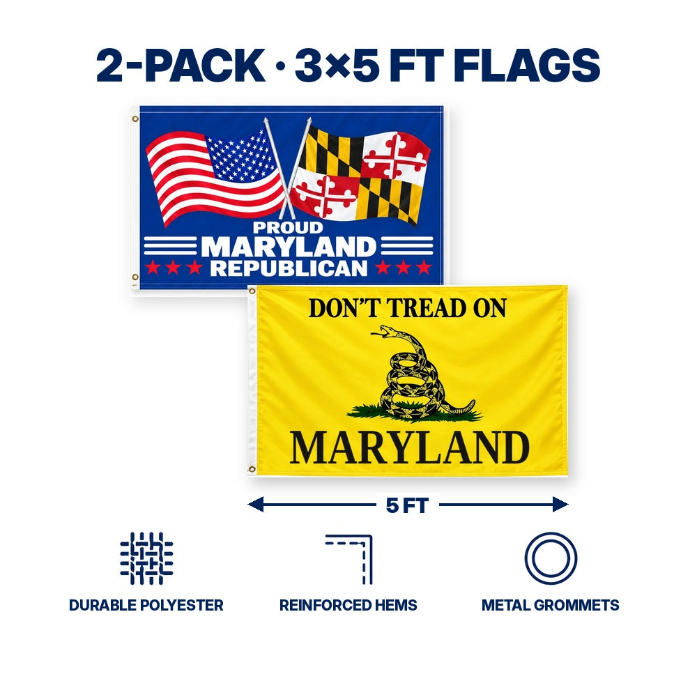 Proud Maryland Republican and Don't Tread on Maryland Flags 3x5 2-Pack features and size details