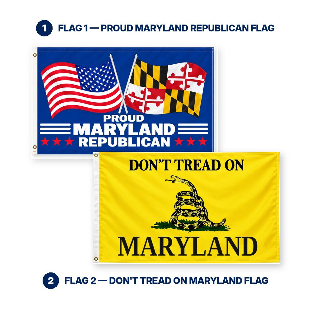 Proud Maryland Republican and Don't Tread on Maryland Flags 3x5 2-Pack features and size details