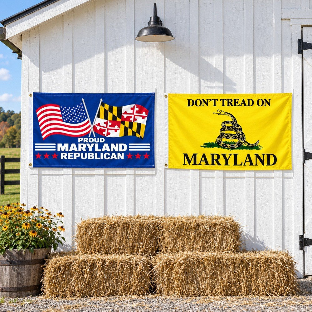 Proud Maryland Republican and Don't Tread on Maryland Flags 3x5 2-Pack displayed outdoors