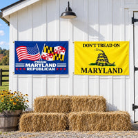 Proud Maryland Republican and Don't Tread on Maryland Flags 3x5 2-Pack displayed outdoors