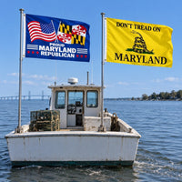 Proud Maryland Republican and Don't Tread on Maryland Flags 3x5 2-Pack displayed outdoors