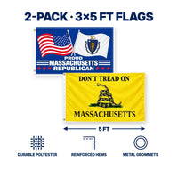 Proud Massachusetts Republican and Don't Tread on Massachusetts Flags 3x5 2-Pack features and size details