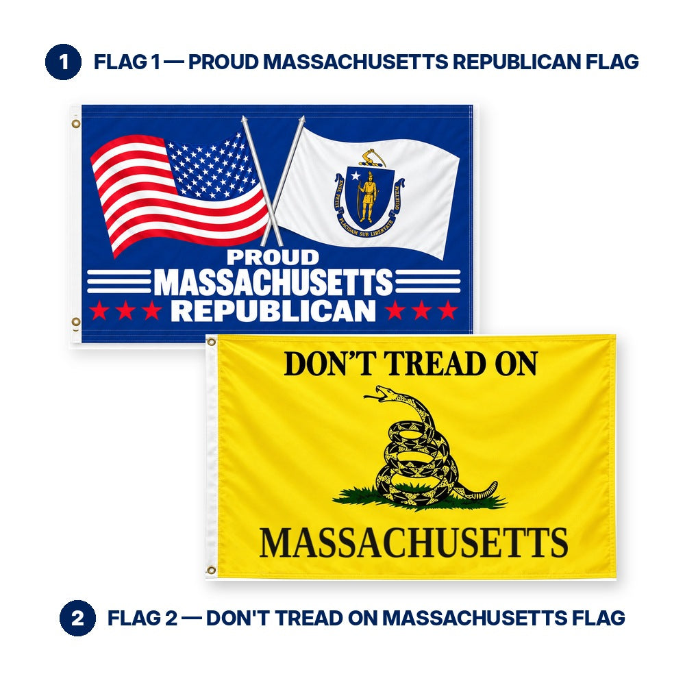 Proud Massachusetts Republican and Don't Tread on Massachusetts Flags 3x5 2-Pack features and size details