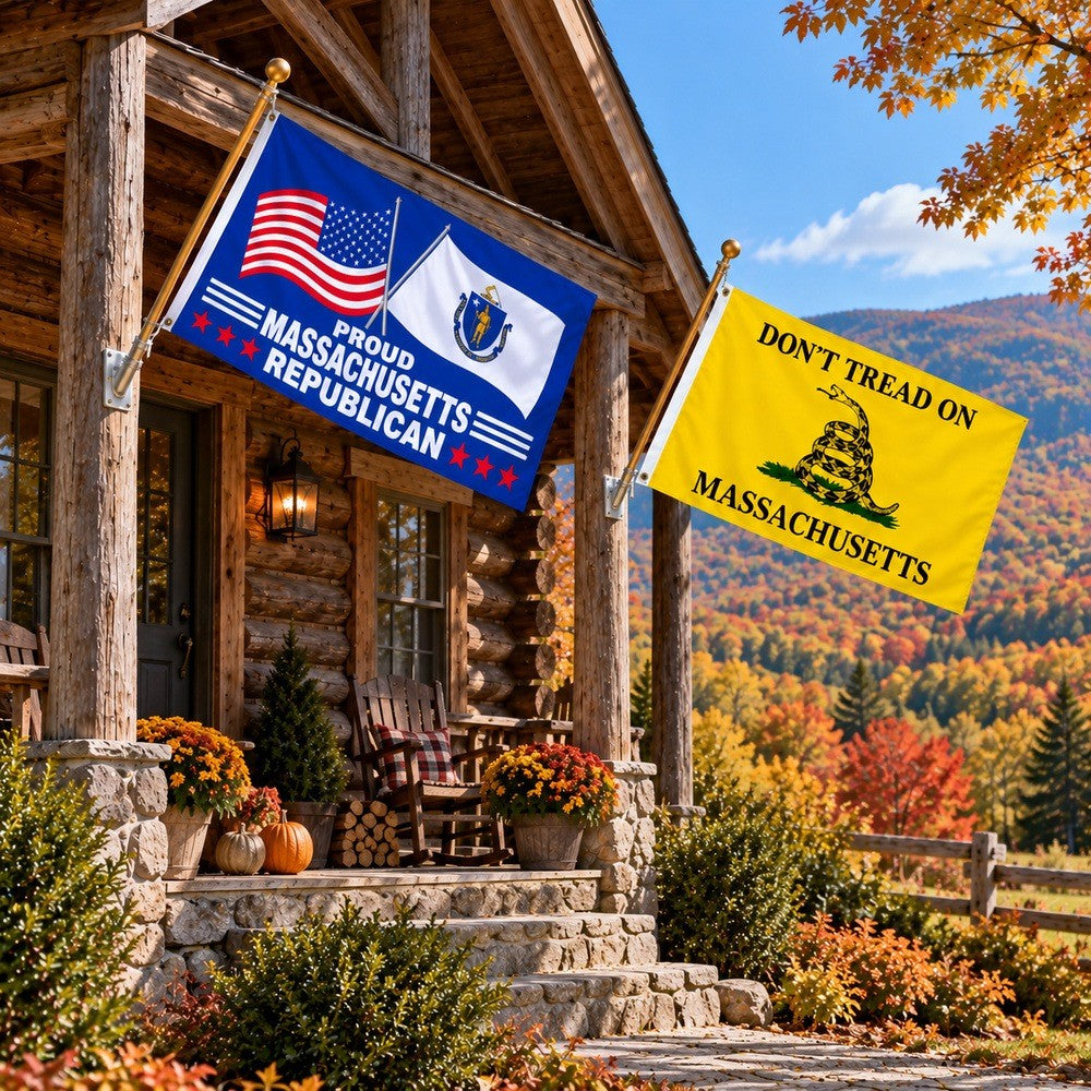Proud Massachusetts Republican and Don't Tread on Massachusetts Flags 3x5 2-Pack displayed outdoors