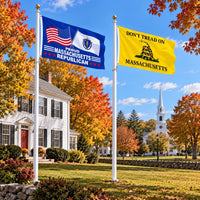 Proud Massachusetts Republican and Don't Tread on Massachusetts Flags 3x5 2-Pack displayed outdoors