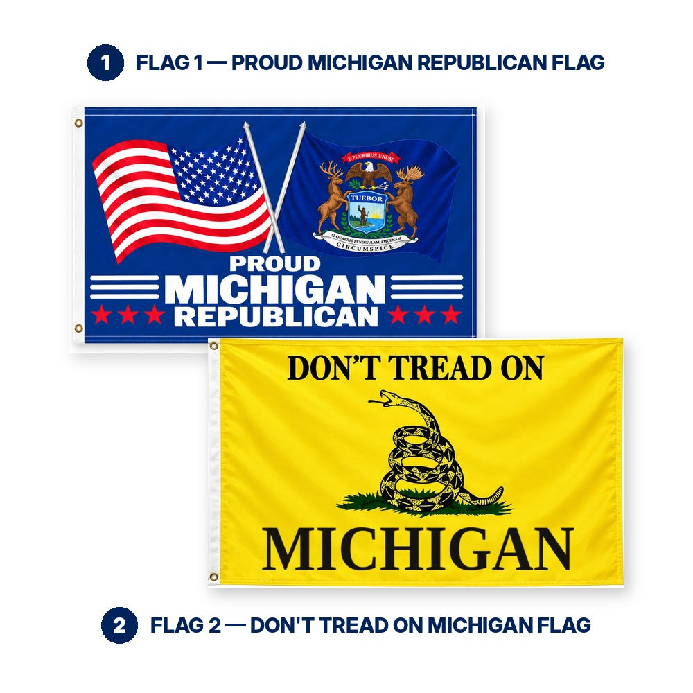 Proud Michigan Republican and Don't Tread on Michigan Flags 3x5 2-Pack features and size details