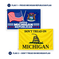 Proud Michigan Republican and Don't Tread on Michigan Flags 3x5 2-Pack features and size details