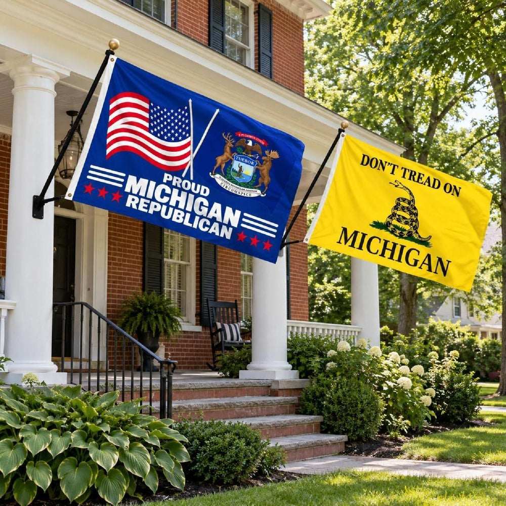 Proud Michigan Republican and Don't Tread on Michigan Flags 3x5 2-Pack displayed outdoors