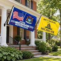 Proud Michigan Republican and Don't Tread on Michigan Flags 3x5 2-Pack displayed outdoors