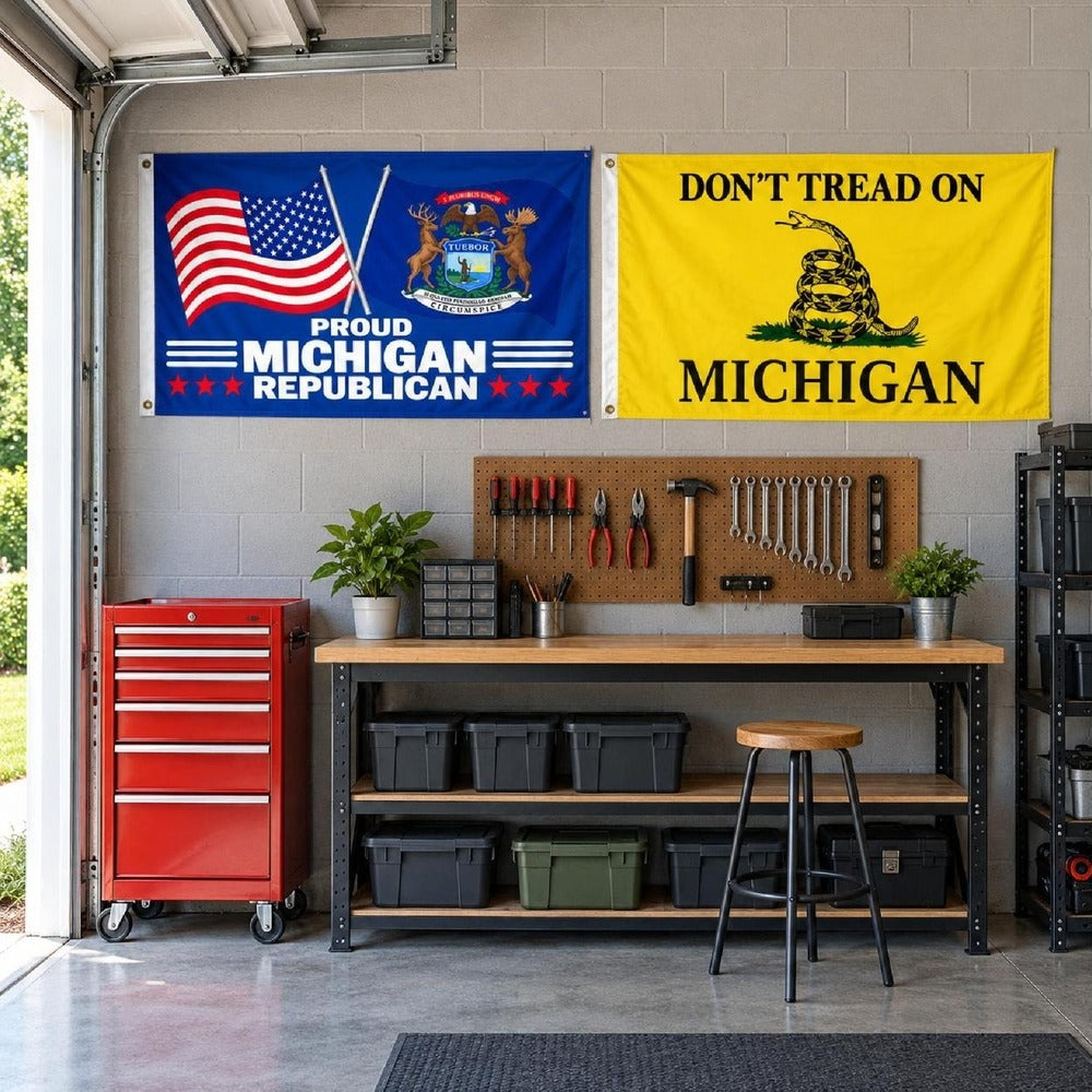 Proud Michigan Republican and Don't Tread on Michigan Flags 3x5 2-Pack displayed outdoors
