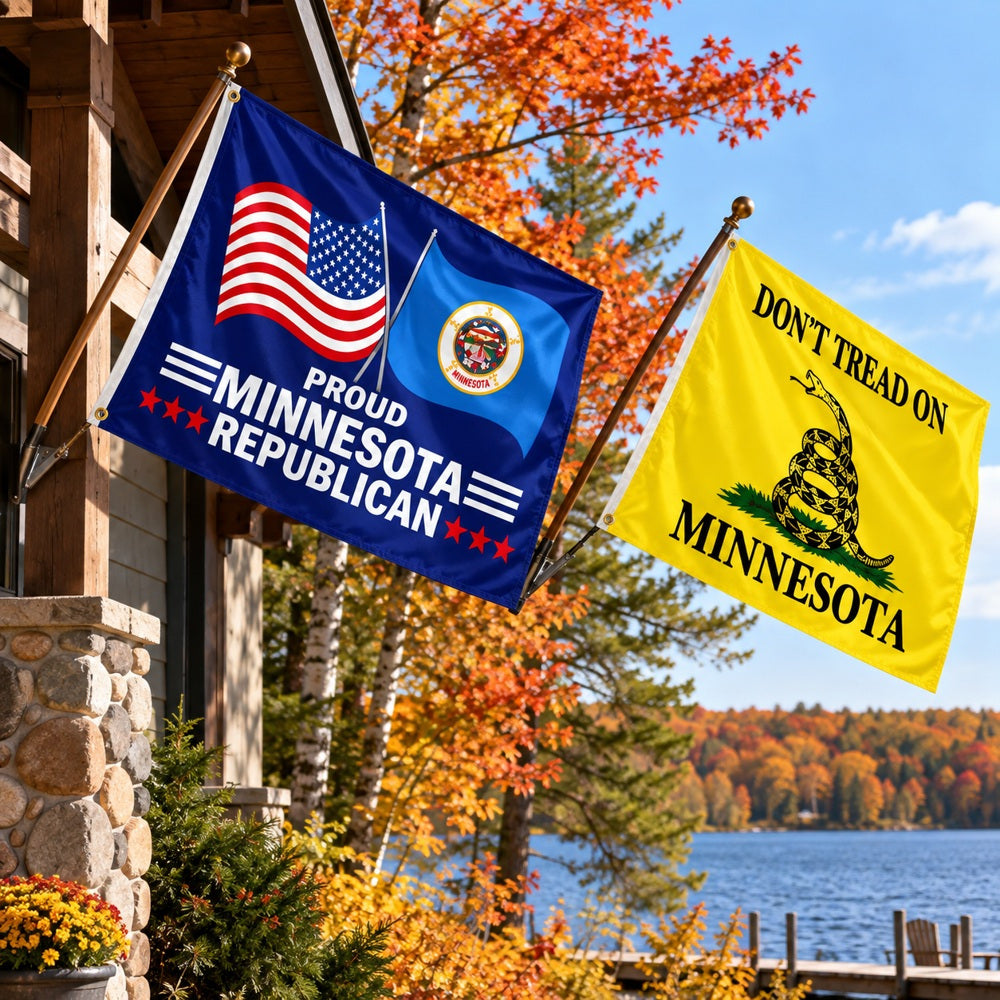 Proud Minnesota Republican and Don't Tread on Minnesota Flags 3x5 2-Pack displayed outdoors