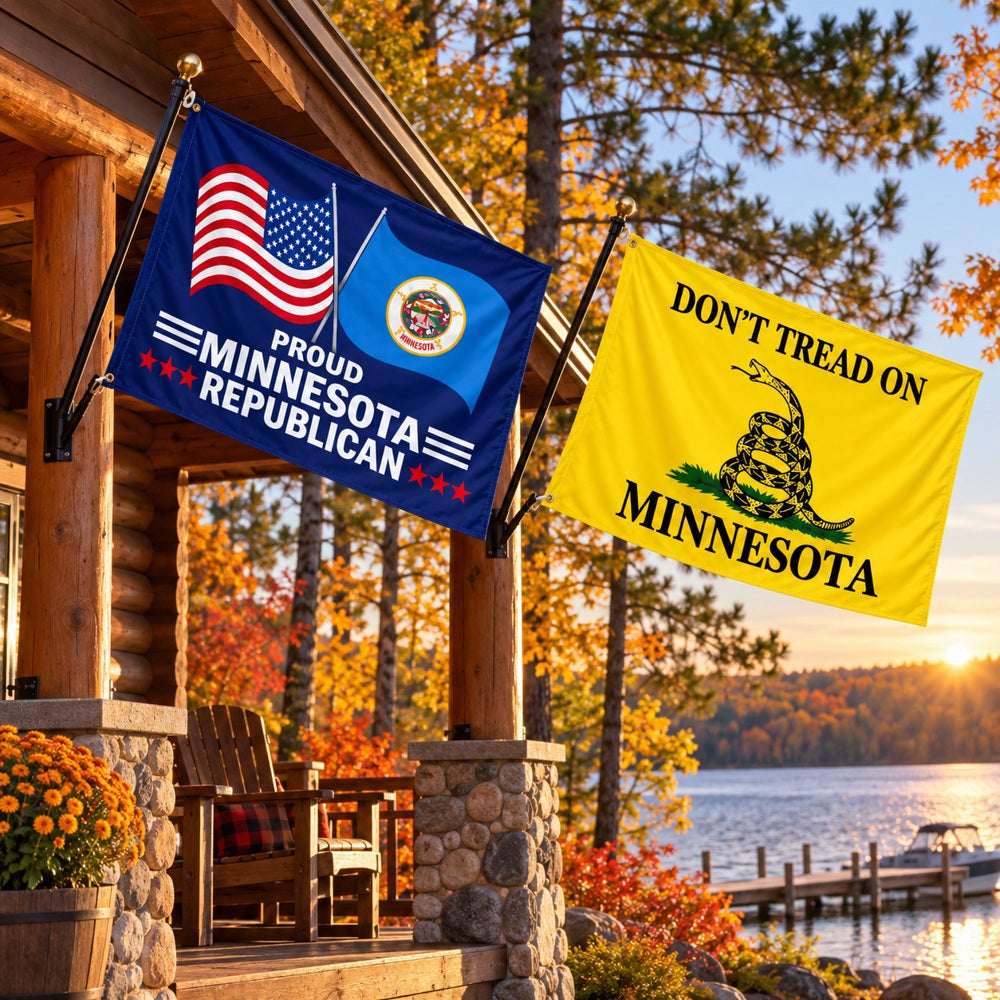 Proud Minnesota Republican and Don't Tread on Minnesota Flags 3x5 2-Pack displayed outdoors