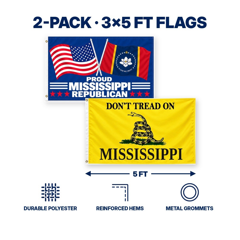 Proud Mississippi Republican and Don't Tread on Mississippi Flags 3x5 2-Pack features and size details