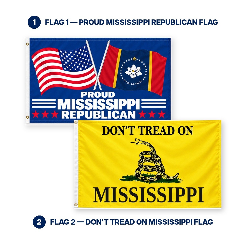 Proud Mississippi Republican and Don't Tread on Mississippi Flags 3x5 2-Pack features and size details
