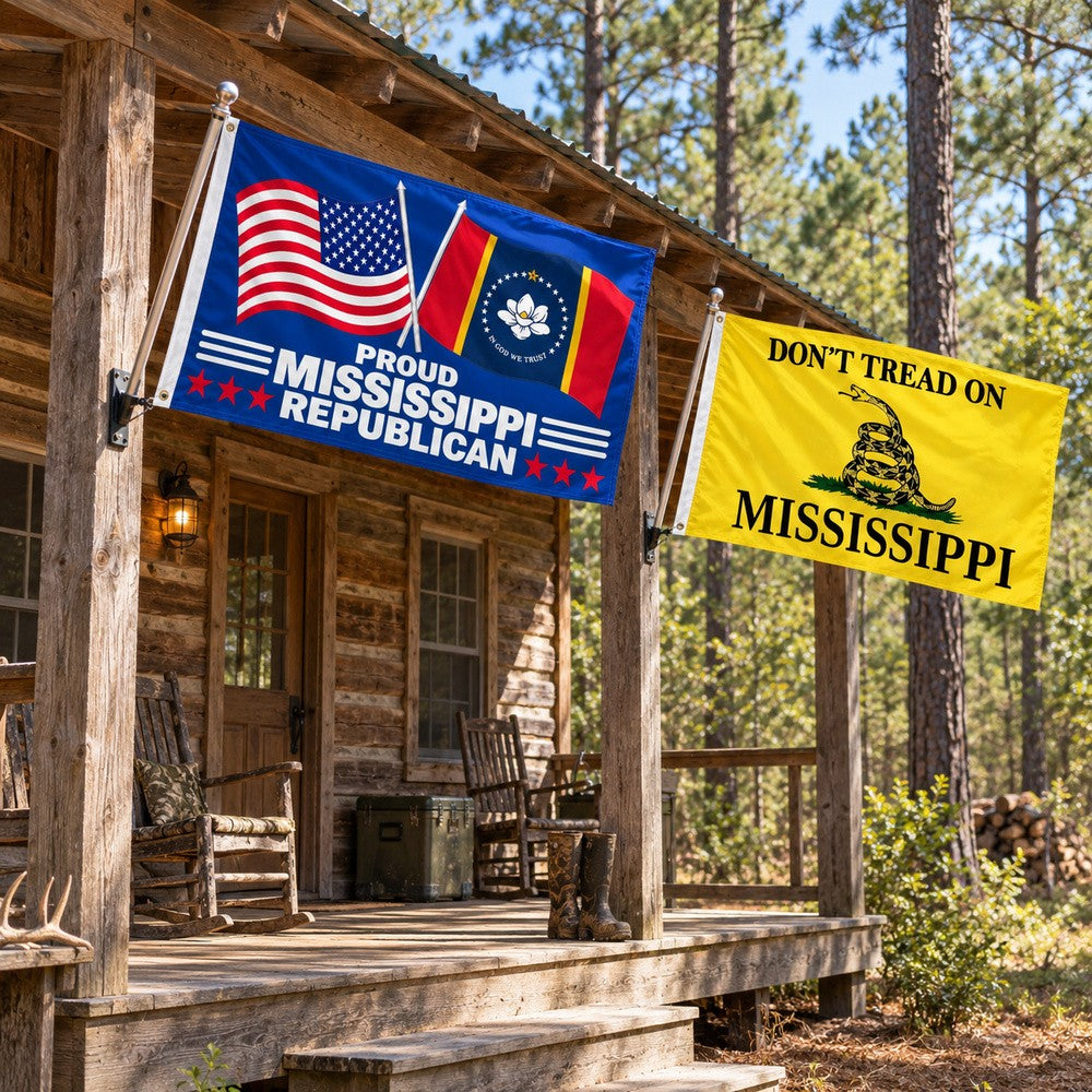 Proud Mississippi Republican and Don't Tread on Mississippi Flags 3x5 2-Pack displayed outdoors