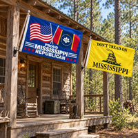 Proud Mississippi Republican and Don't Tread on Mississippi Flags 3x5 2-Pack displayed outdoors