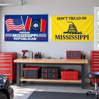 Proud Mississippi Republican and Don't Tread on Mississippi Flags 3x5 2-Pack displayed outdoors