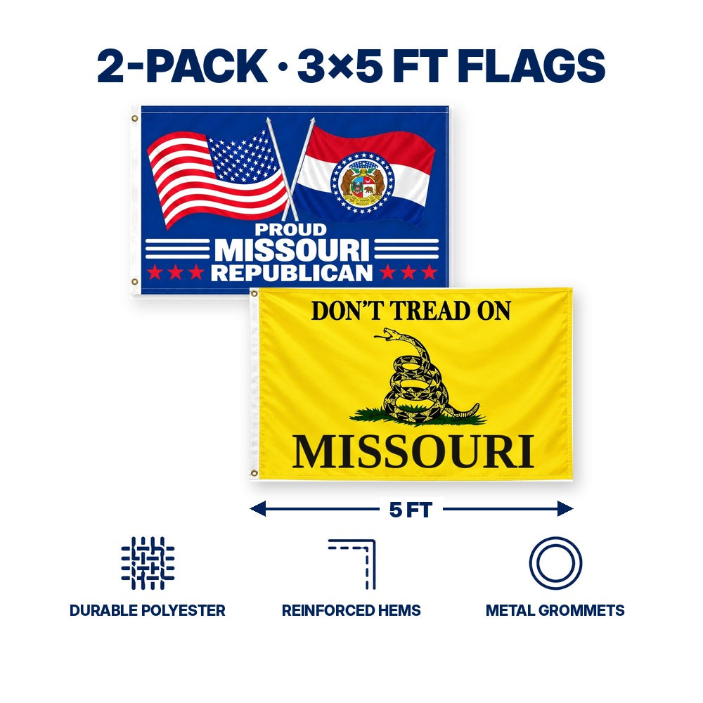 Proud Missouri Republican and Don't Tread on Missouri Flags 3x5 2-Pack features and size details