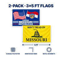 Proud Missouri Republican and Don't Tread on Missouri Flags 3x5 2-Pack features and size details