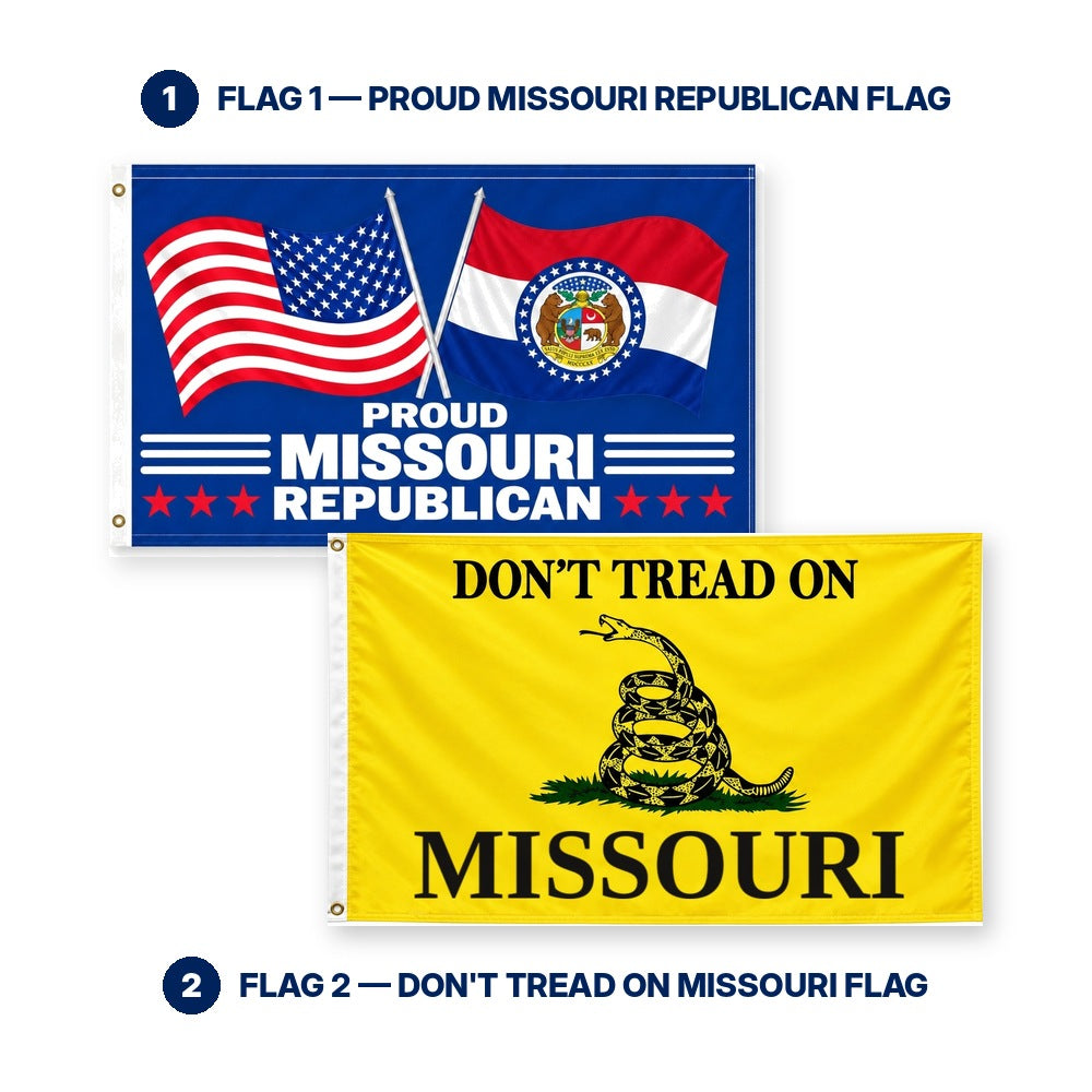 Proud Missouri Republican and Don't Tread on Missouri Flags 3x5 2-Pack features and size details