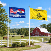 Proud Missouri Republican and Don't Tread on Missouri Flags 3x5 2-Pack displayed outdoors