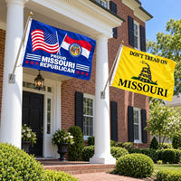 Proud Missouri Republican and Don't Tread on Missouri Flags 3x5 2-Pack displayed outdoors