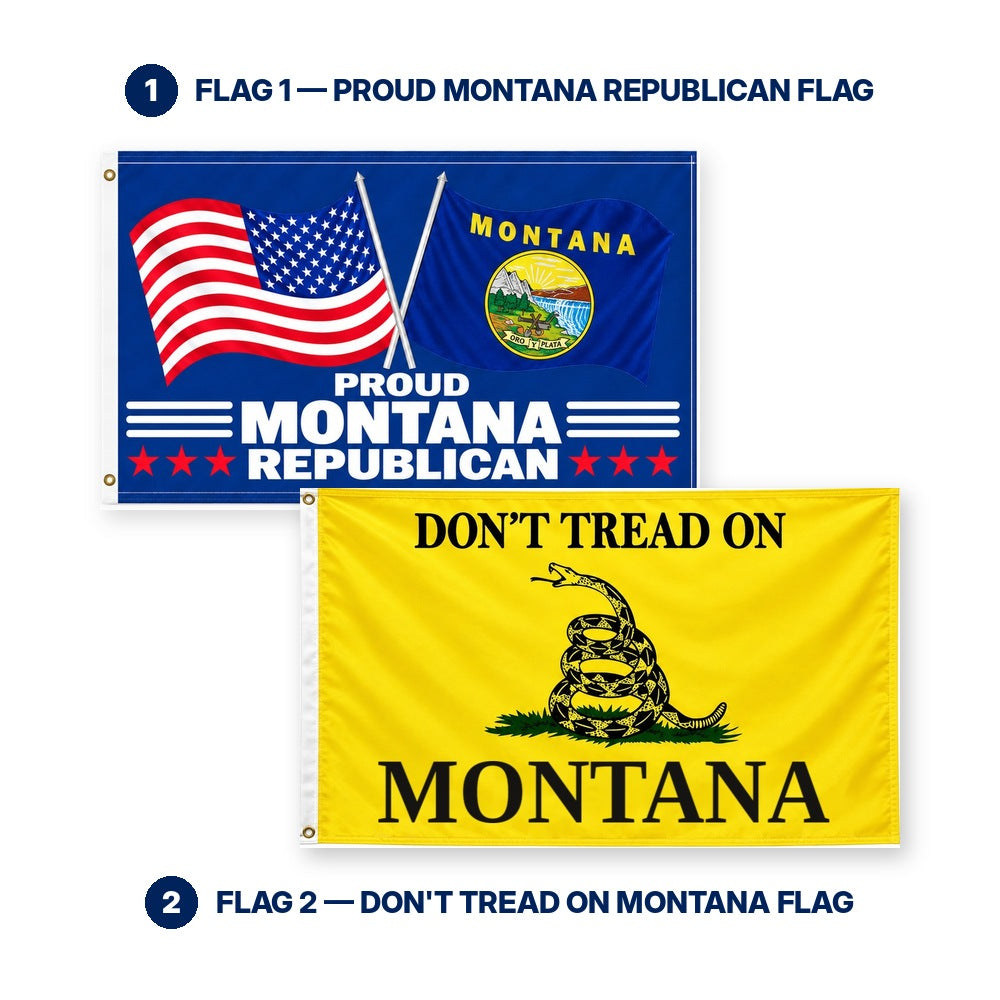 Proud Montana Republican and Don't Tread on Montana Flags 3x5 2-Pack features and size details
