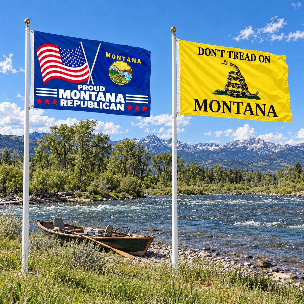 Proud Montana Republican and Don't Tread on Montana Flags 3x5 2-Pack displayed outdoors