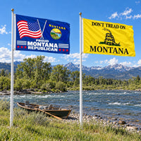 Proud Montana Republican and Don't Tread on Montana Flags 3x5 2-Pack displayed outdoors