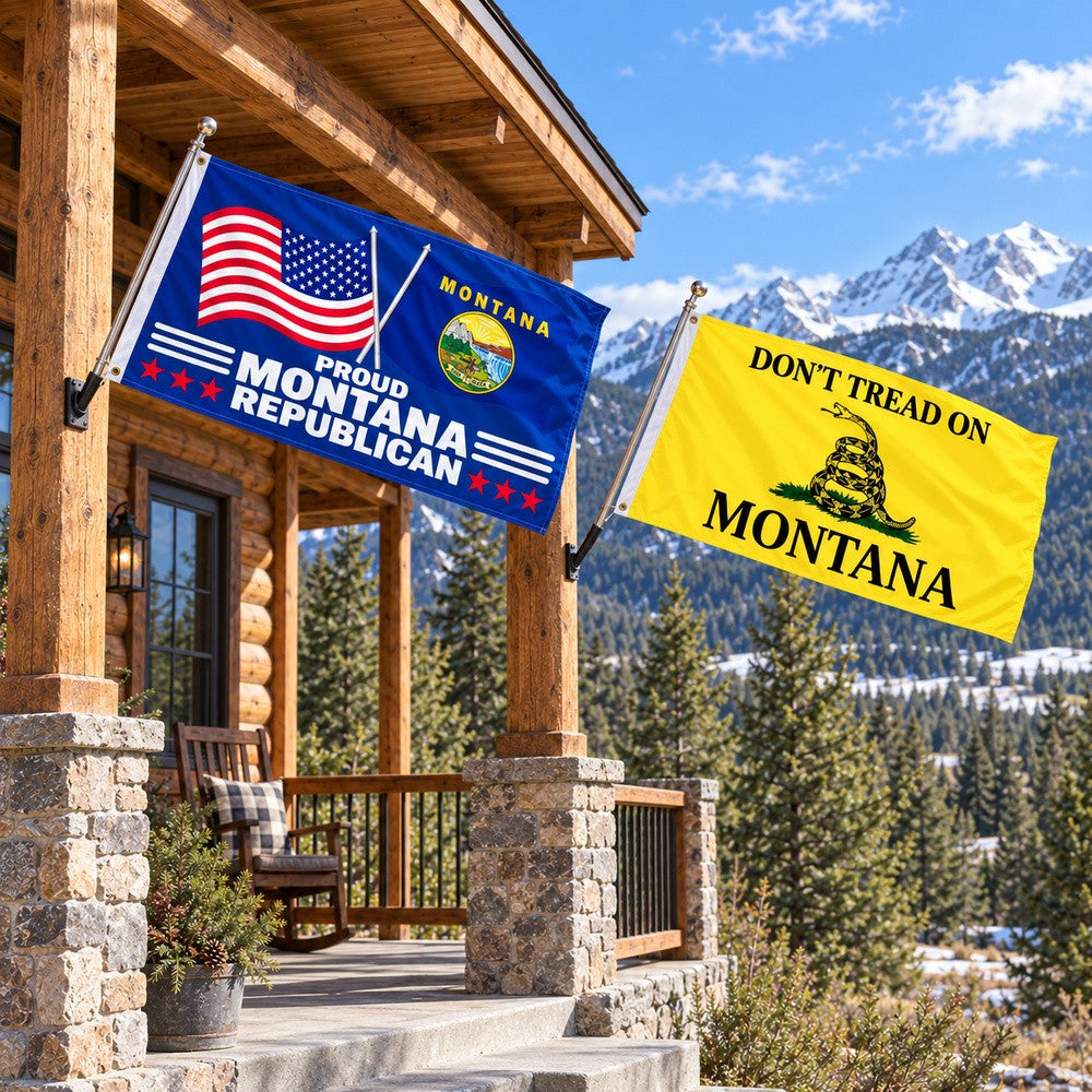 Proud Montana Republican and Don't Tread on Montana Flags 3x5 2-Pack displayed outdoors