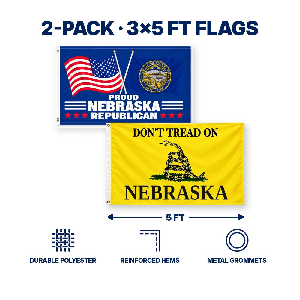 Proud Nebraska Republican and Don't Tread on Nebraska Flags 3x5 2-Pack features and size details
