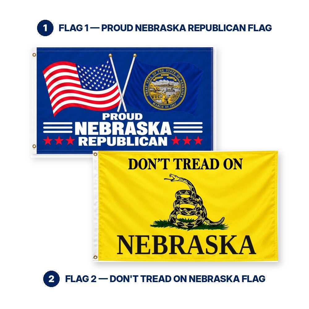 Proud Nebraska Republican and Don't Tread on Nebraska Flags 3x5 2-Pack features and size details